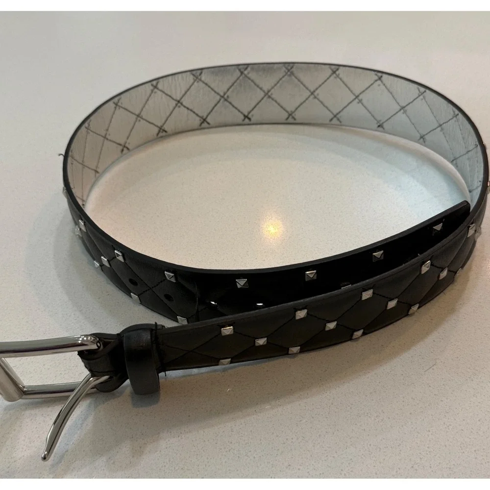 Michael Kors Black Quilted Studded Belt Silver Buckle Punk Medium Mens Womens